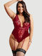 Plus Size Sexy Bodysuit Deep V Garters Velvet Stitching Teddy Red