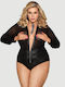 Plus Size Bodysuit V-neck Reißverschluss Leder Teddy Schwarz