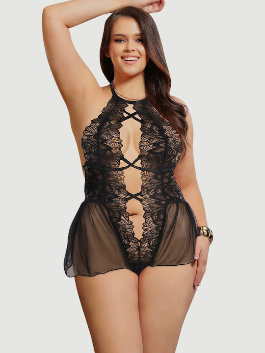 Plus Size Sexy Bodysuit Halter Rückenfrei Mit Blumenmustern Teddy Schwarz