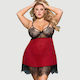 Plus Size Σέξι Διαφανές Σετ Babydoll Δαντέλα & Άνοιγμα Πλάτης Sexy Splicing Sheer Eyelash Trim Lace Back Split Babydoll Set Underwire – Κόκκινο