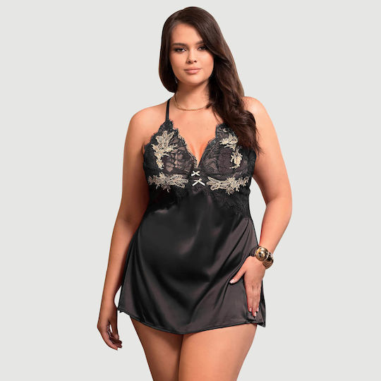 Plus Size Babydoll Crossing Straps And Details On The Back Sexy Floral Decoration Crossing Straps Back Babydoll Black