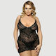 Plus Size Σέξι Απαλό Babydoll Δαντέλα & String Sexy Black Slim Deep V Neck Lace Sleepwear Thong Μαύρο