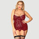 Plus Size Babydoll Garter Underwire Mesh Stitching Dark Red Lace Red