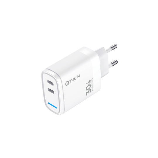 Tuqin Φορτιστής με 2 Θύρες USB-C και Καλώδιο USB-C - Lightning 30W Λευκός (QE59-C&I)