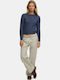 Women's Fabric Capri Trousers with Rubber Band Striped Blue