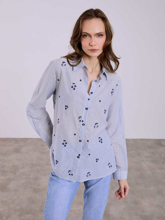 Celestino Damenhemden Baumwoll Langärmelig Bestickte Designs Loose Fit Blaue