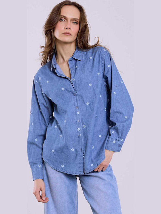 Celestino Γυναικείο Πουκάμισο Denim Λουλούδια Loose Fit Μπλε Celestino Γυναικείο Πουκάμισο Denim Λουλούδια Loose Fit Μπλε