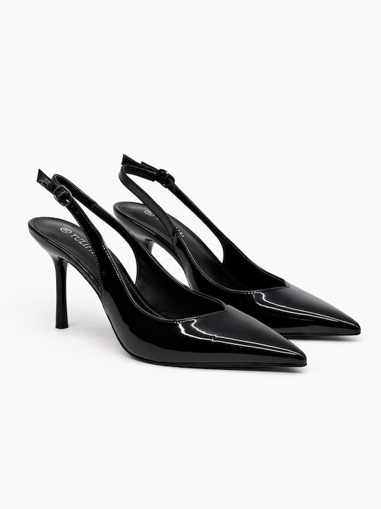 Spitze Zehen Pumps aus Lackleder mit Absatzstilettos & Riemen Schwarz