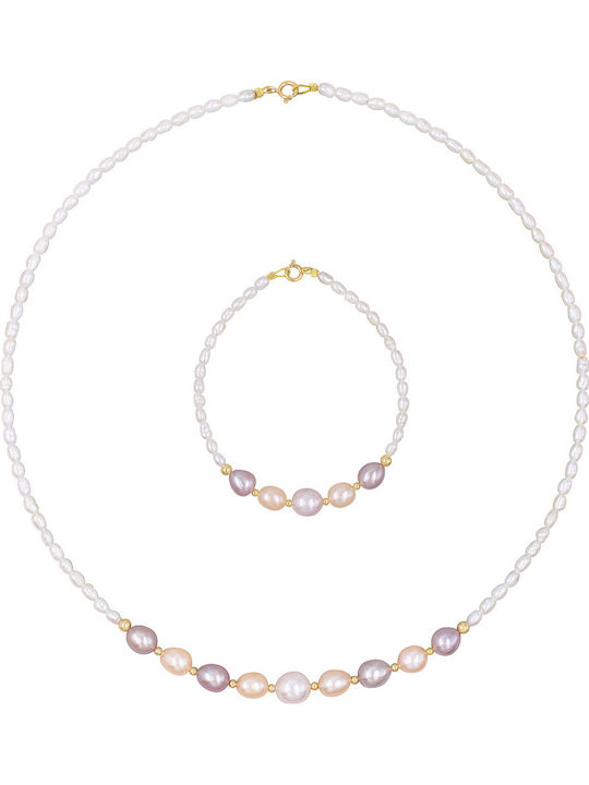 Margaritari Set with Necklace & Bracelet from 14K Gold with Pearls