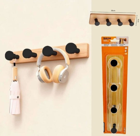 Wooden Wall Hanger 4 Hooks Black 30cm 4 Pieces