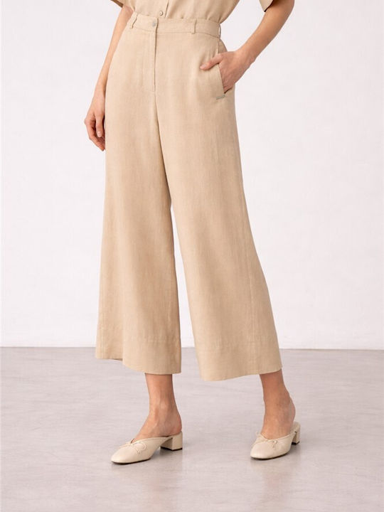 Pantaloni Largi Dama Cu Talie Înaltă Cu Elastic Ecru