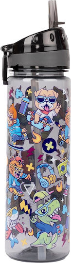 Fringoo Kids Plastic Water Bottle With Straw Non Spill Black 650ml