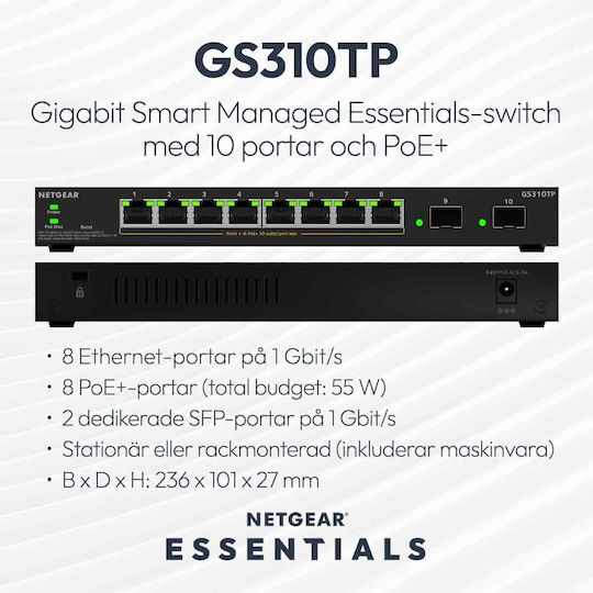 NetGear GS310TP-200EUS Managed L2 PoE+ Switch με 8 Θύρες Gigabit (1Gbps) Ethernet