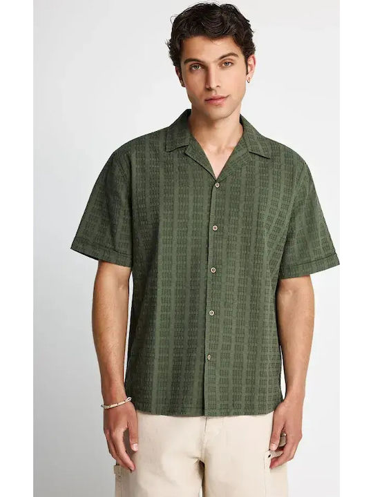 Short Sleeve Cotton Shirt in Oversized Line Green