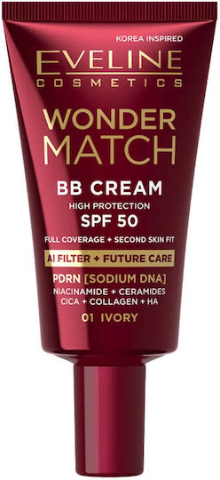 Eveline Wonder Match BB 01 Elfenbein Feuchtigkeitsspendende Gesichtscreme Tag mit Sonnenschutzfaktor (SPF) 50 30ml