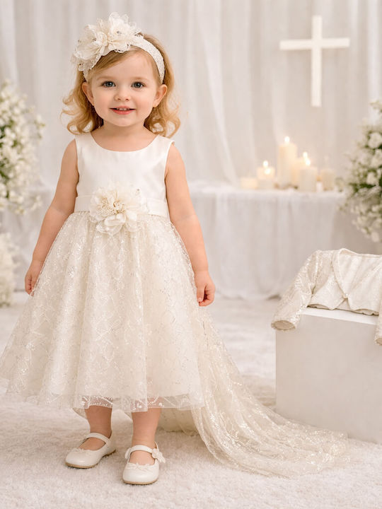 Nikos-Takis Ecru Taufkleidung für Mädchen mit Haar-Accessoires Strickjacke & Kleid 3 Stück