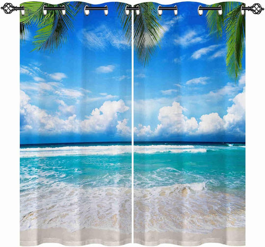 Set Perdele Opace Cu Capse Model Plajă Tropicală 140x175cm