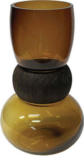 Glass Vase Amber Brown Curved Wooden Ring in the Middle Φ16x26cm 12/kib
