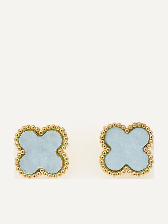 Sequoia Women's Steel Earrings Flower Design Gold Plated Light Blue Mother Of Pearl