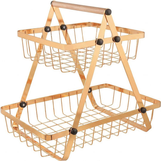 Cheffinger Coș Fructe Legume 2 Nivele Inox Mâner Lemn Auriu