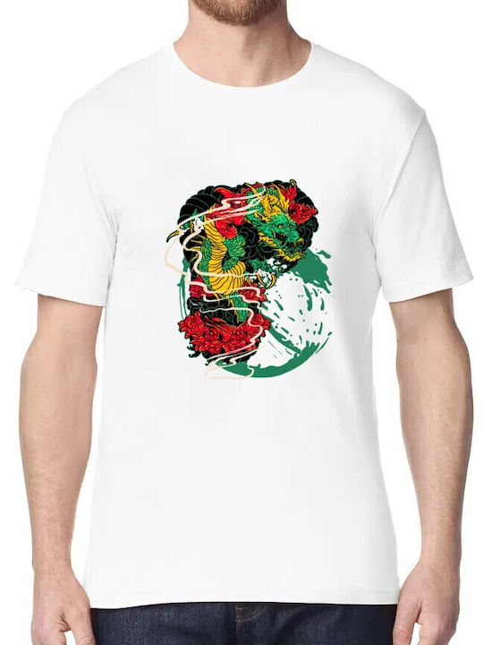 T-shirt Japanese Dragon Peonies Pop Culture White