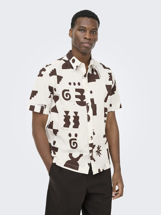 Short Sleeve Shirt in Regular Fit White and Brown