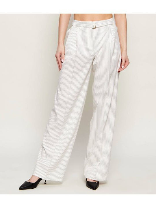 Women's Fabric Trousers in Loose Fit Striped Ecru