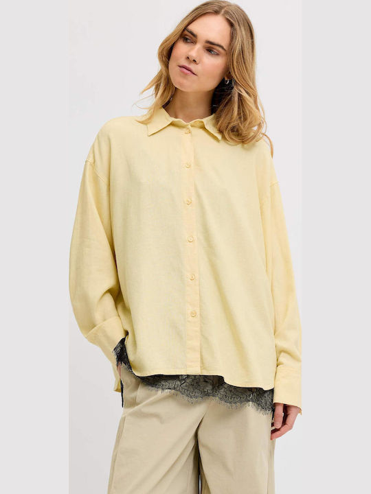 Jack & Jones Langärmeliges Damenleinen-Halbknopfhemd Gelb