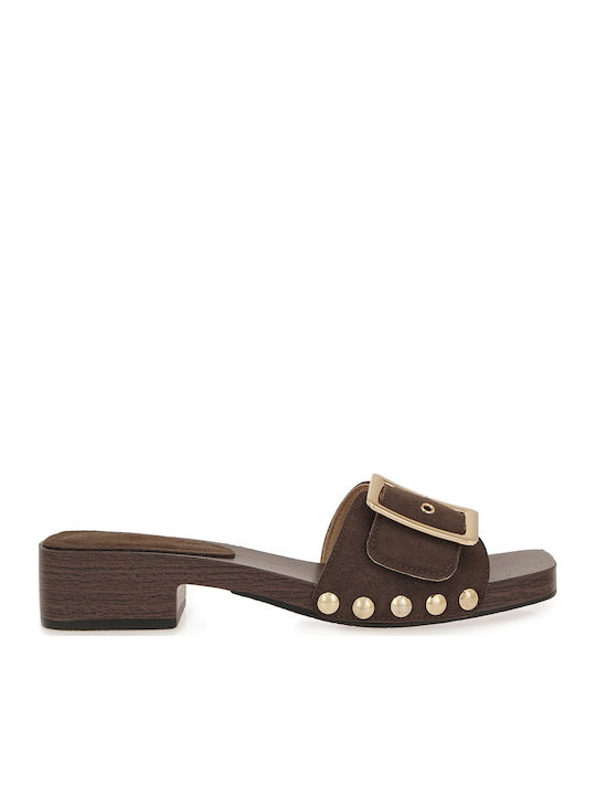 Seven Suede Mules with Low Heel in Brown Colour