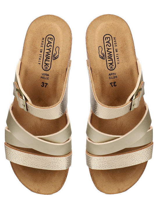 Easy-Walk Leder Anatomische Goldene Flache Sandalen für Damen