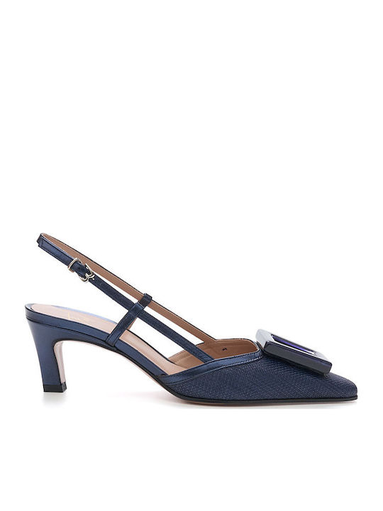 Leder Pumps mit Riemen & Mittelhohem Absatz Navy Blau