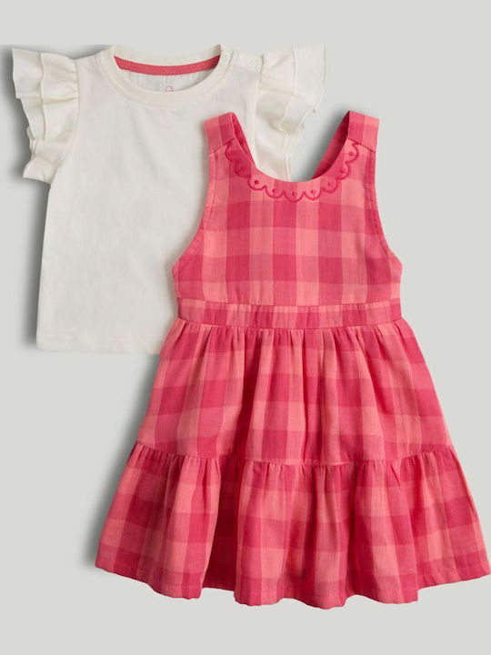 Girls Dress Checked Set with Top Pink