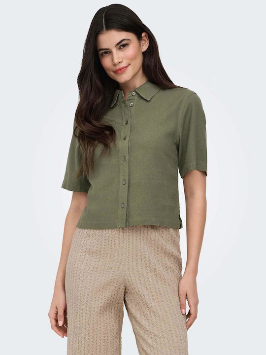 Only Short Sleeve Women's Linen Shirt Green