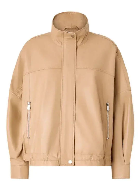 Leather Women's Jacket for Winter Beige Chantilly