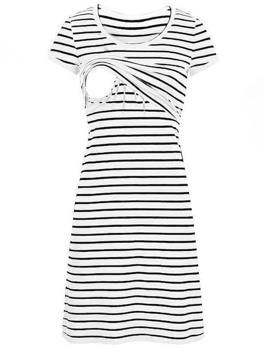 Women's Striped Short Sleeve Nursing Dress Black and White Polyester