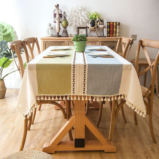 FRIPIA Linen Tablecloth With Blue-Green Embroidery 140x250cm