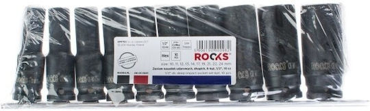 Rooks Sockets Pneumatic Hexagons Long with Frame Host 1/2" Set 10 Pieces