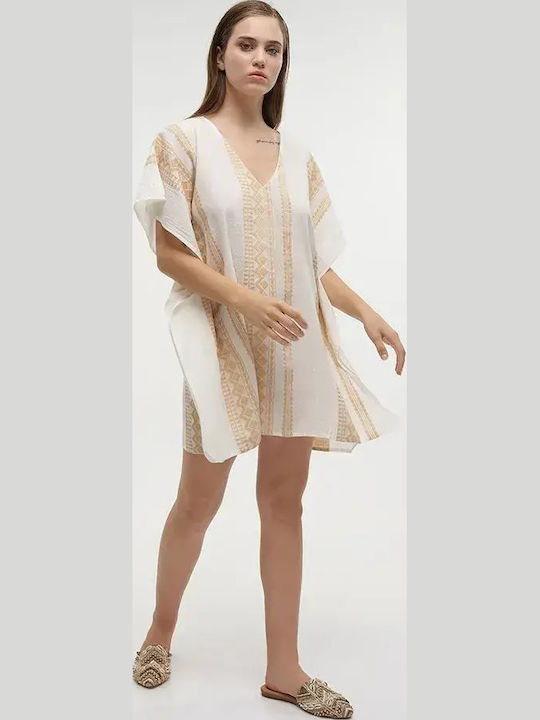 Ble Resort Collection One Size 100% Γυναικείο Καφτάνι Παραλίας Ασπρο/χρυσο
