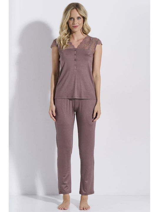 Jeannette Lingerie Καλοκαιρινό Γυναικείο Σετ Πιτζάμας Mocha