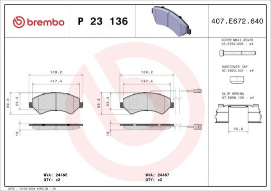 Brake Pads Fiat Ducato 2006 Front 2 Sensors 17q Heavy 2011 Spring 74mm 425373