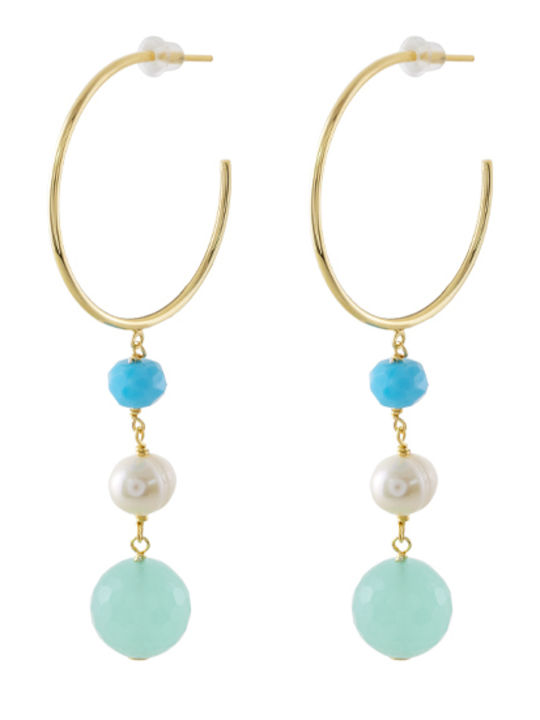 Oxette Earrings Hoops Silver Gold Plated with Stones & Pearls Light Blue