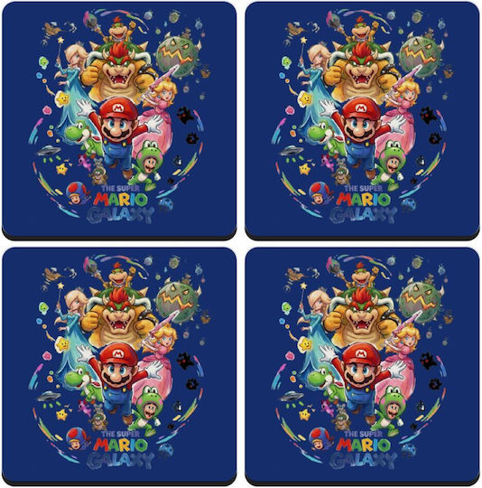 Mario Galaxy Σετ 4 Σουβέρ Ξύλινα Τετράγωνα 9cm