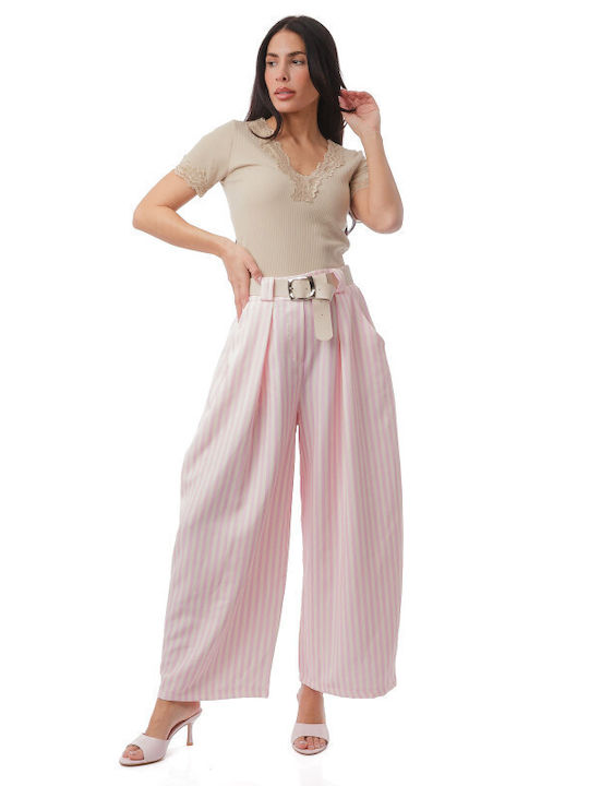 Pantaloni Largi Roz Cu Dungi Cu Curea