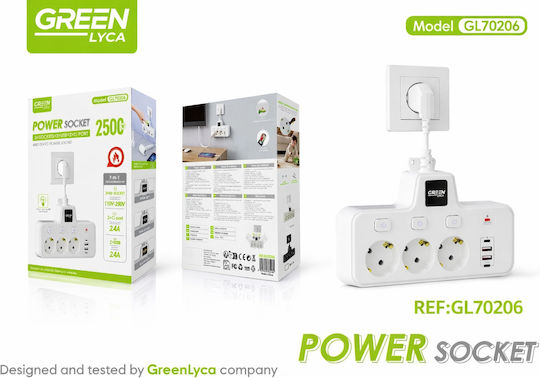 Green Lyca Захранваща Лента 3 Гнезда с USB-A 2 USB-C и Превключвател