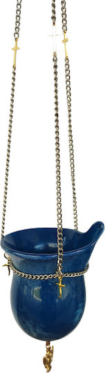Vigil Oil Lamp Hanging Blown Glass Olive Oil Or Candle Blue Cup Size 10.5x13 Cm With Chain 72 Cm Length