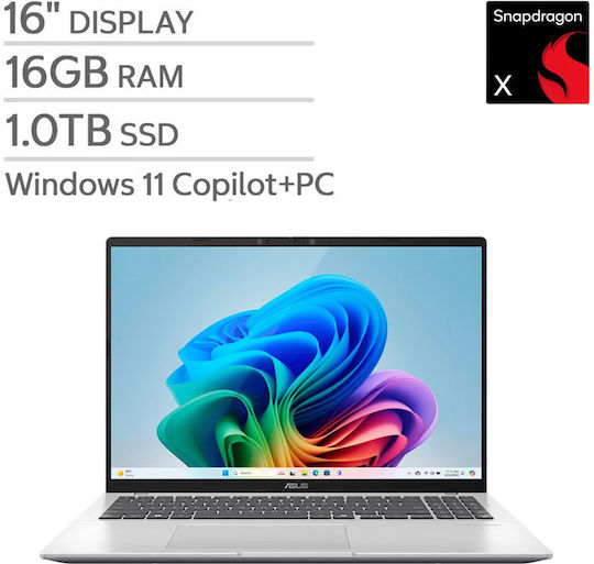 Asus Vivobook 16 X1607QA 16" IPS FHD+ (Snapdragon-Χ/16GB/1.0TB SSD/W11 Home) (US Keyboard)