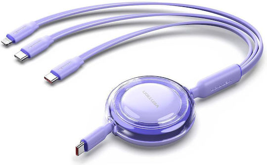 Vention Cablu USB Retractabil Masculin la Type-C / Lightning 3.5A Violet 1.1m TRJVBE