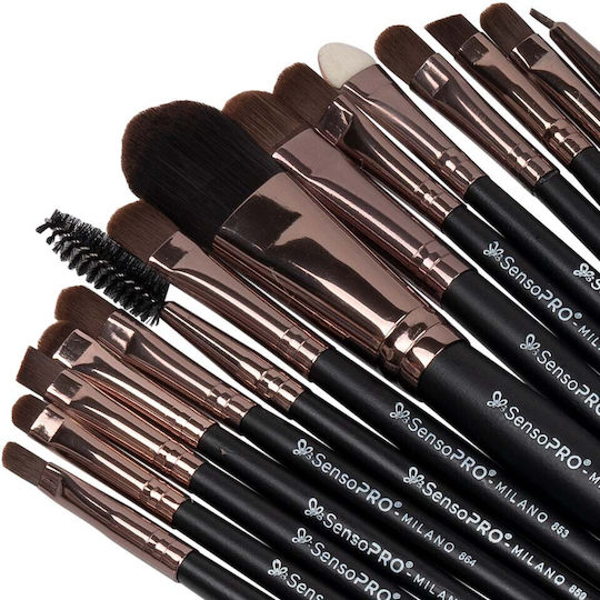 Set 15 Professional Makeup Brushes Sensopro Milano Travel Black + Gift