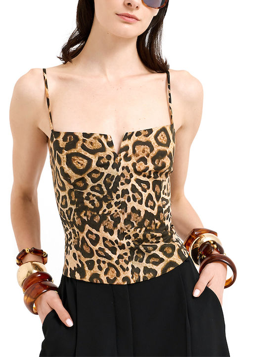 Women's Corset Top with Spaghetti Straps Brown Animal Print