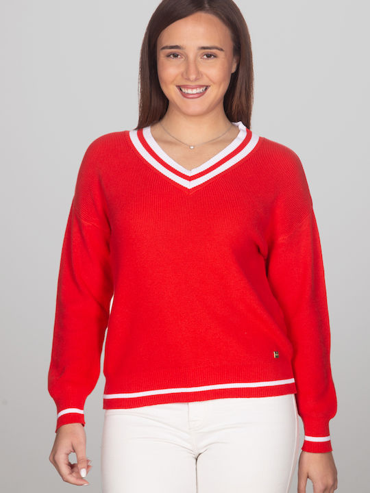 Bluza Damă Din Bumbac Cu Decolteu În V Roșie